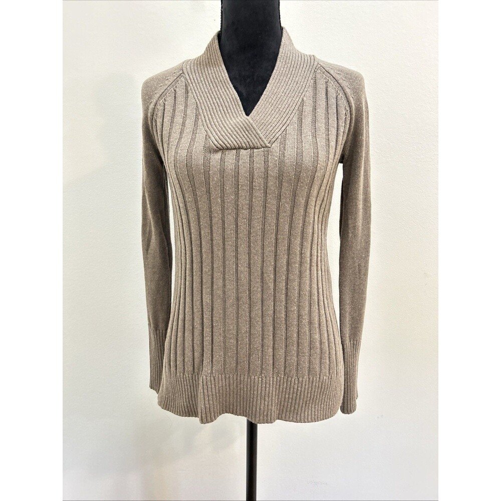 White House Black Market Womens Petite Sz XXSP Sweater V-Neck Taupe Ribbed